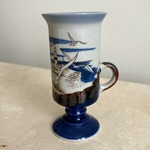 Otagiri Pedestal Ceramic Mug Seagull Sailboat Seaside Rocky Beach Nautical